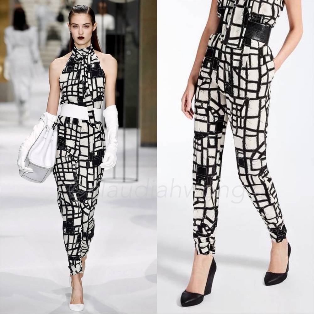 MAX MARA P/F 2017 100% Silk Patchwork Printed Slim Pants in Black White